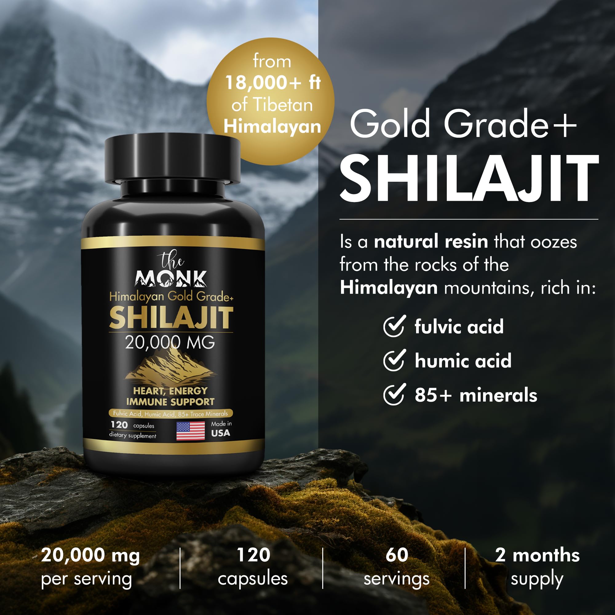 The MONK Shilajit capsules closeup for easy daily vitality