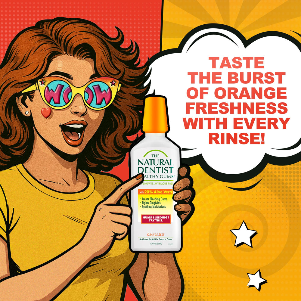The Natural Dentist Orange Zest mouthwash closeup of ingredients shows aloe vera and botanicals.