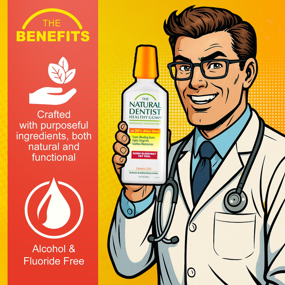 The Natural Dentist Orange Zest mouthwash pour showing an easy, alcohol-free swish.