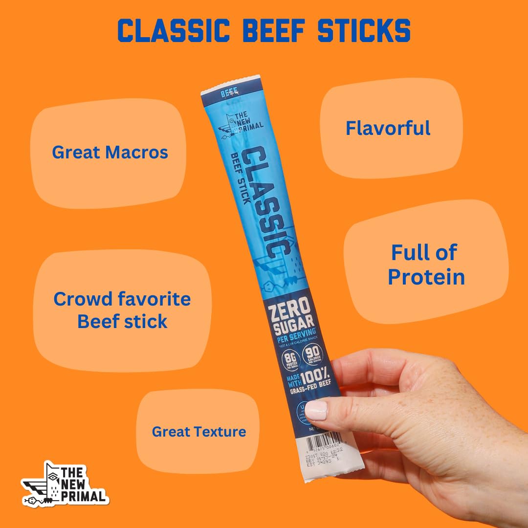 The New Primal 8g protein per stick label highlights a high-protein snack