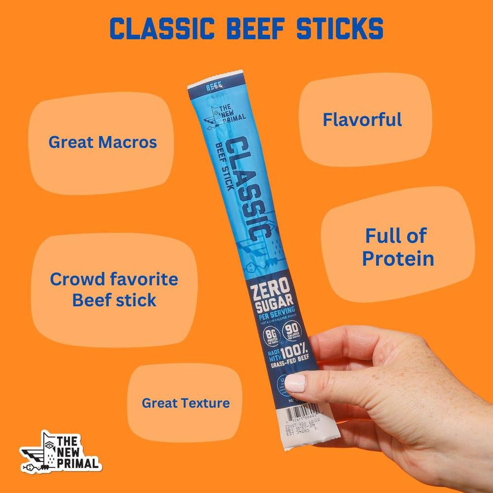 The New Primal 8g protein per stick label highlights a high-protein snack