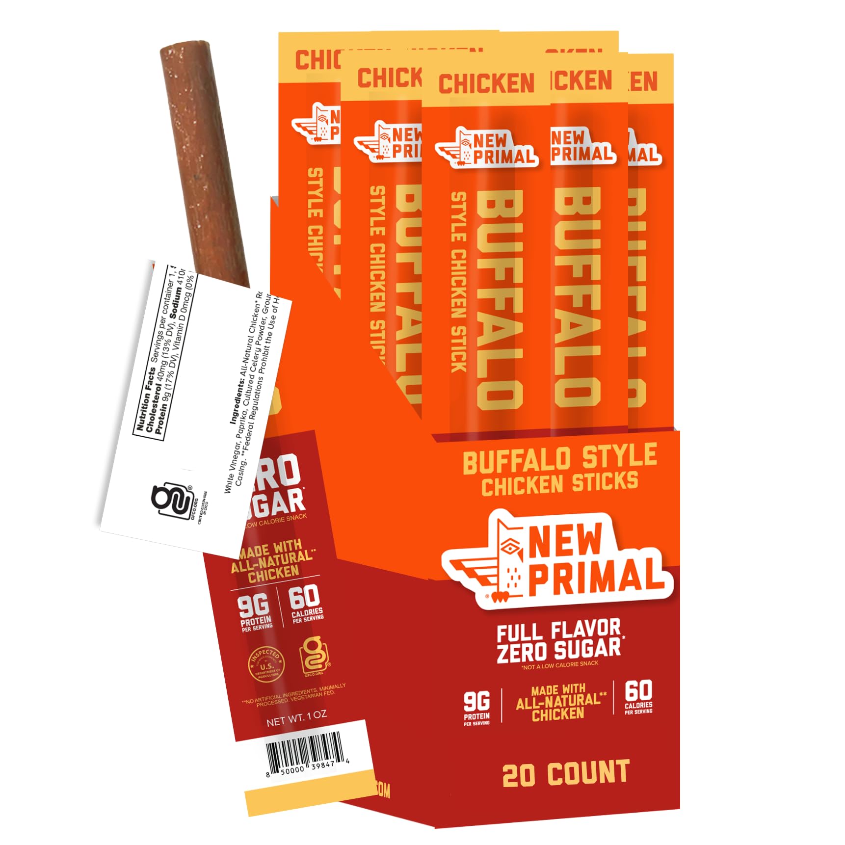 The New Primal buffalo chicken sticks in a 20-count pack for busy days