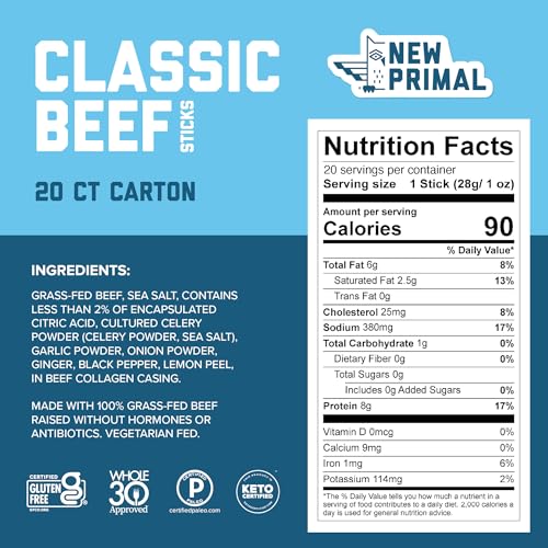 The New Primal beef stick on-the-go snack highlighting high protein and low calories