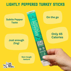 One-ounce New Primal Lightly Peppered Turkey Sticks on the plate