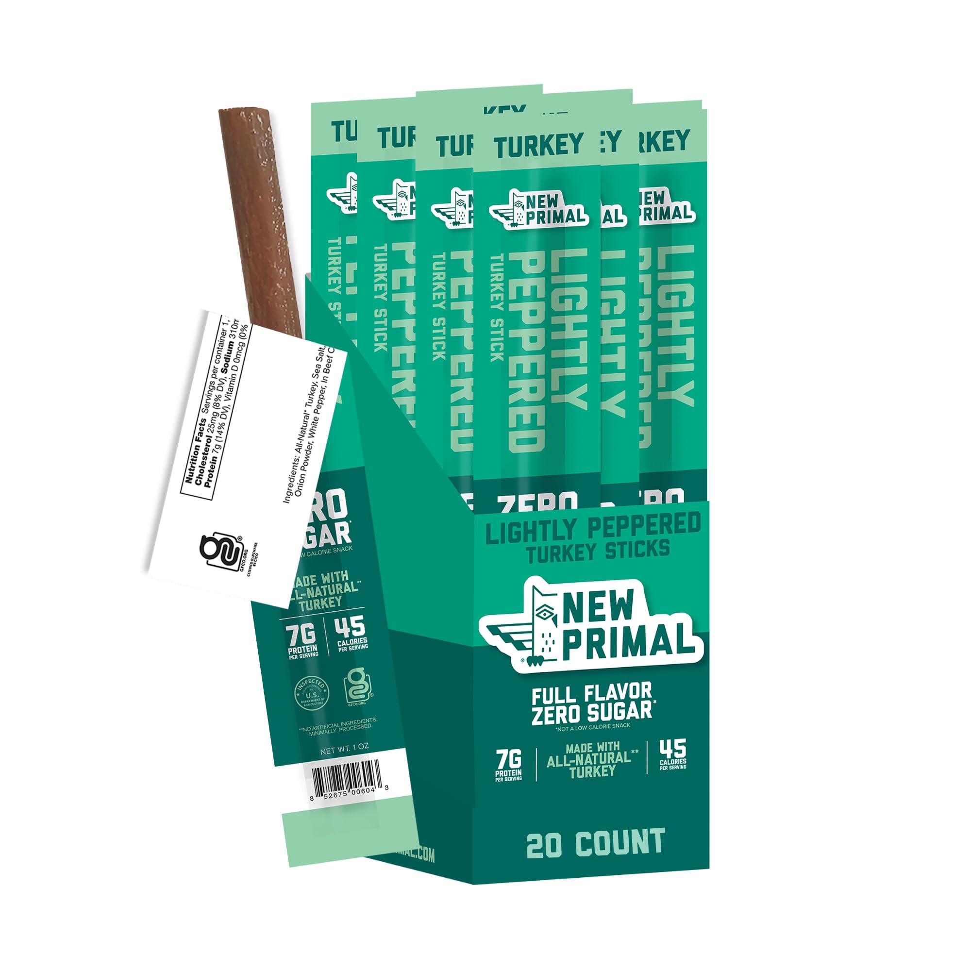 The New Primal Lightly Peppered Turkey Sticks packaging shown as a portable keto friendly snack