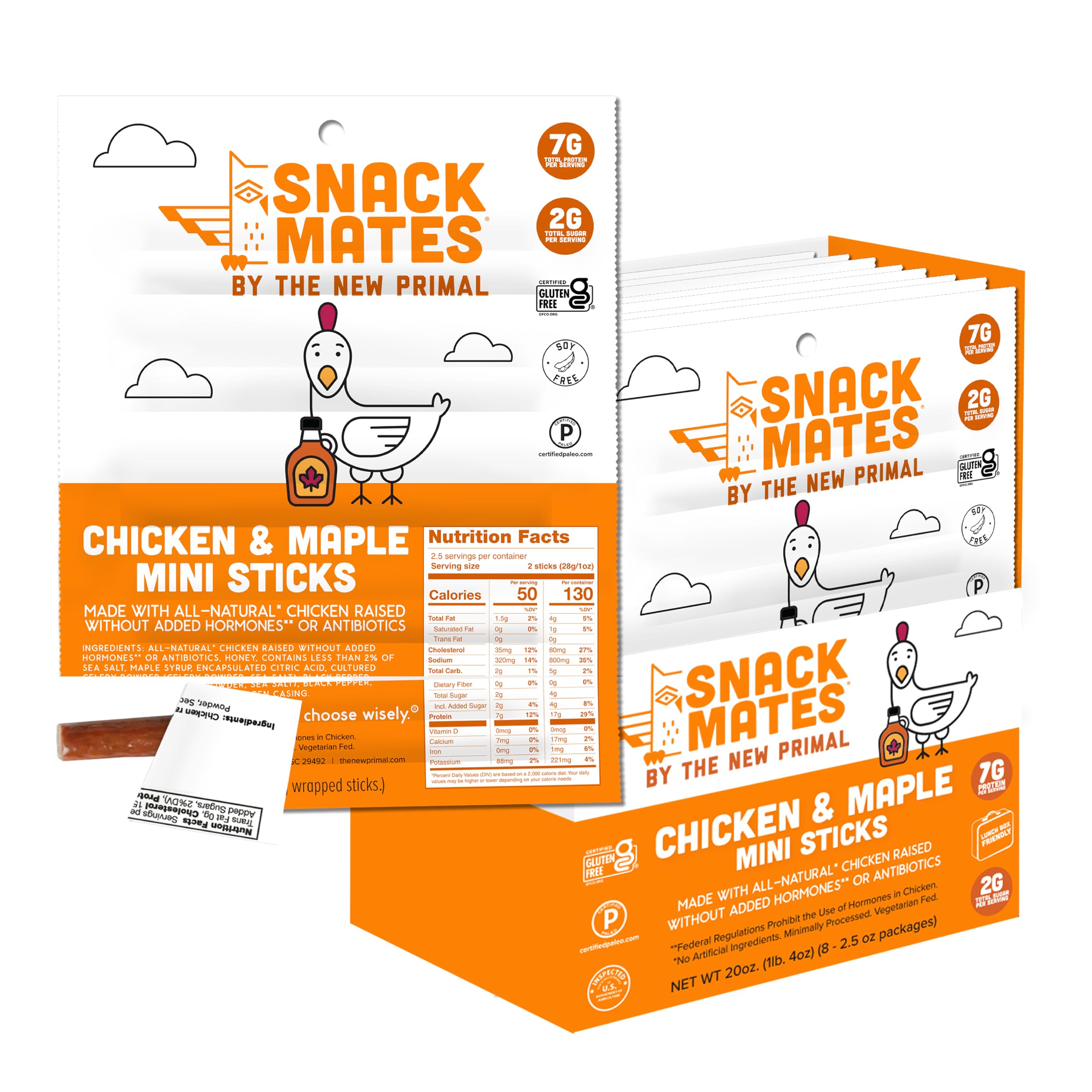 The New Primal Snack Mates Chicken and Maple Stick mini jerky in lunchbox, ideal for school snacks