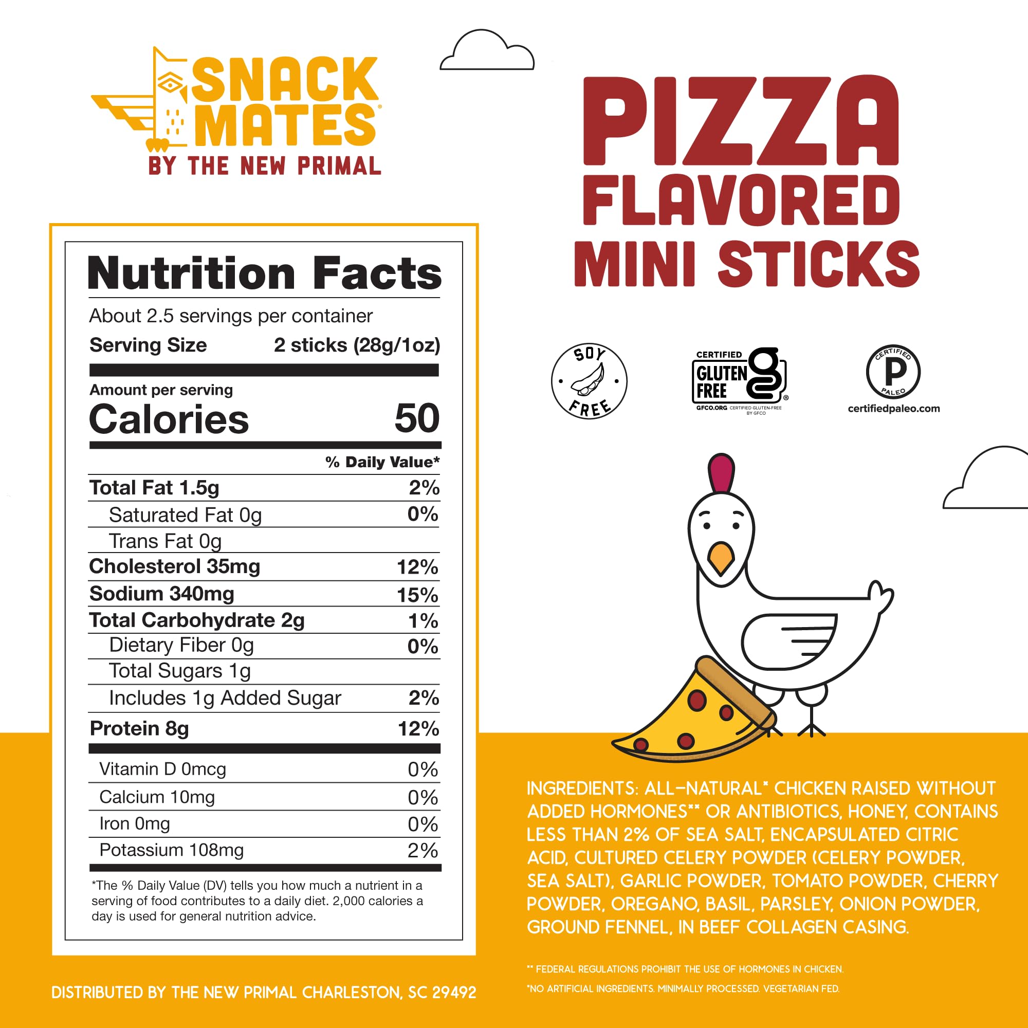 The New Primal Snack Mates Chicken Pizza Meat Stick is nut-free and kid-friendly
