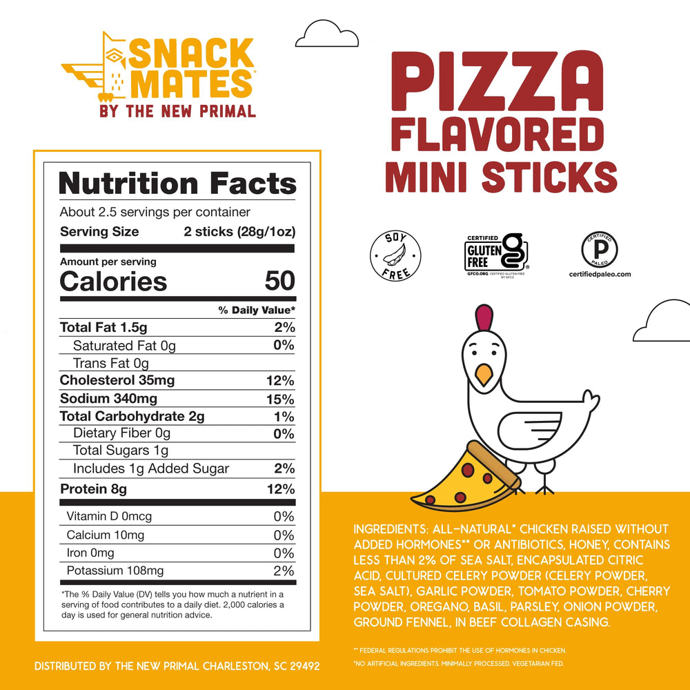 The New Primal Snack Mates Chicken Pizza Meat Stick is nut-free and kid-friendly