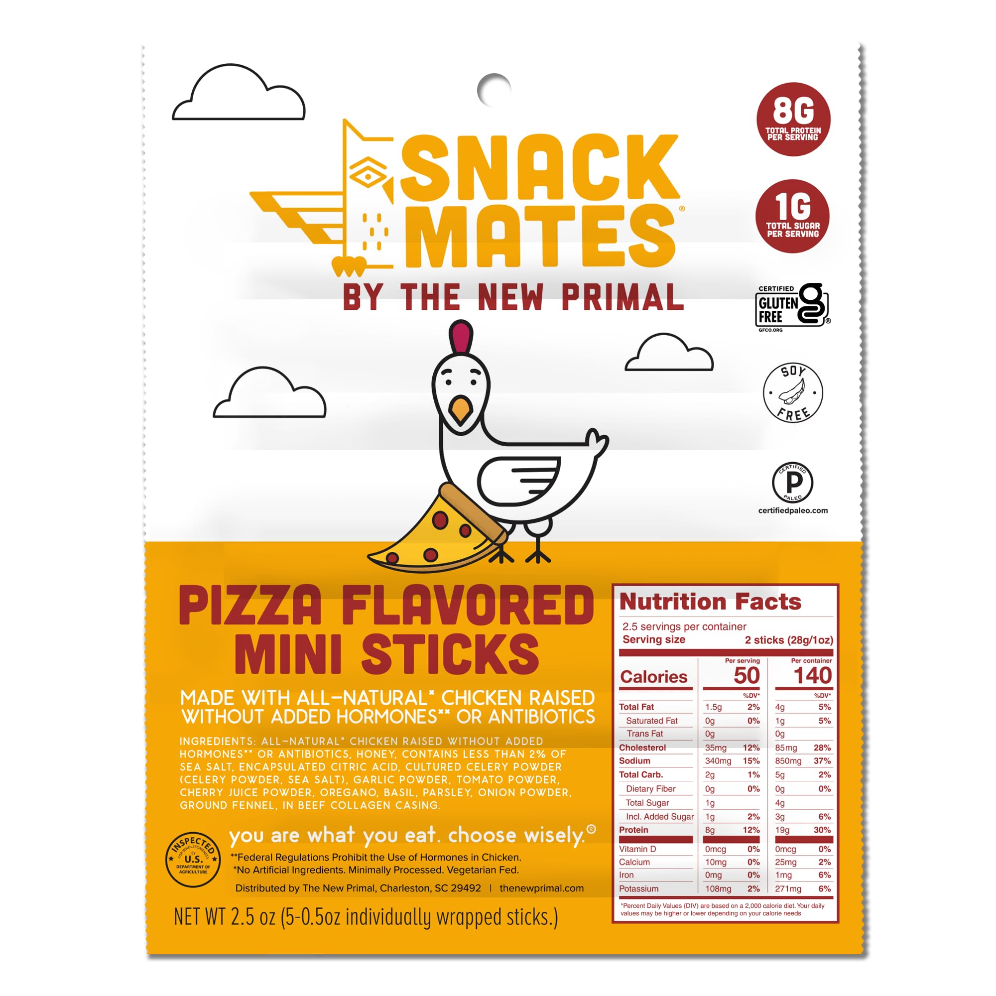 The New Primal Snack Mates Chicken Pizza Meat Stick packaging front, kid-friendly snack