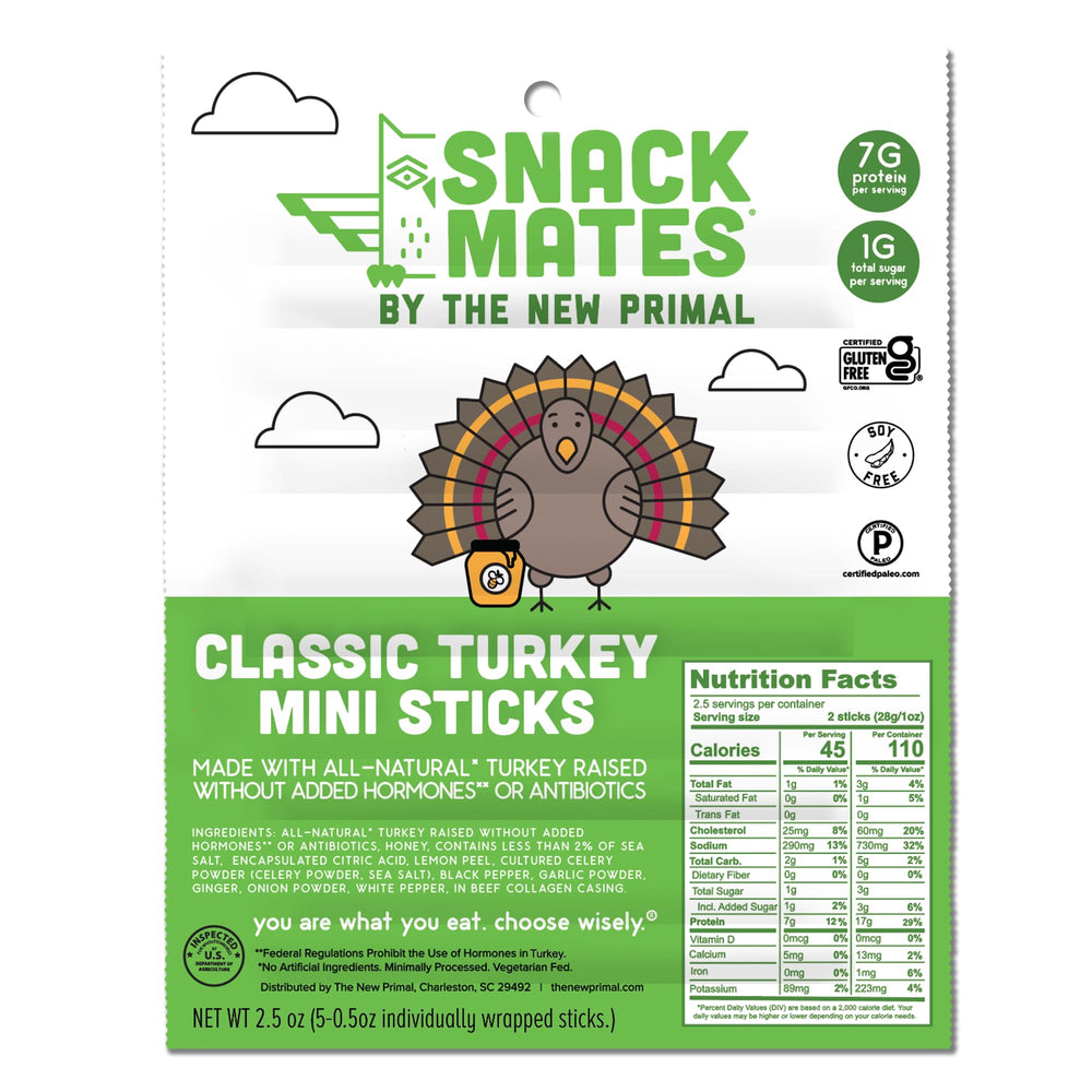 The New Primal Snack Mates turkey stick pack of five for quick, protein-rich school snacks.