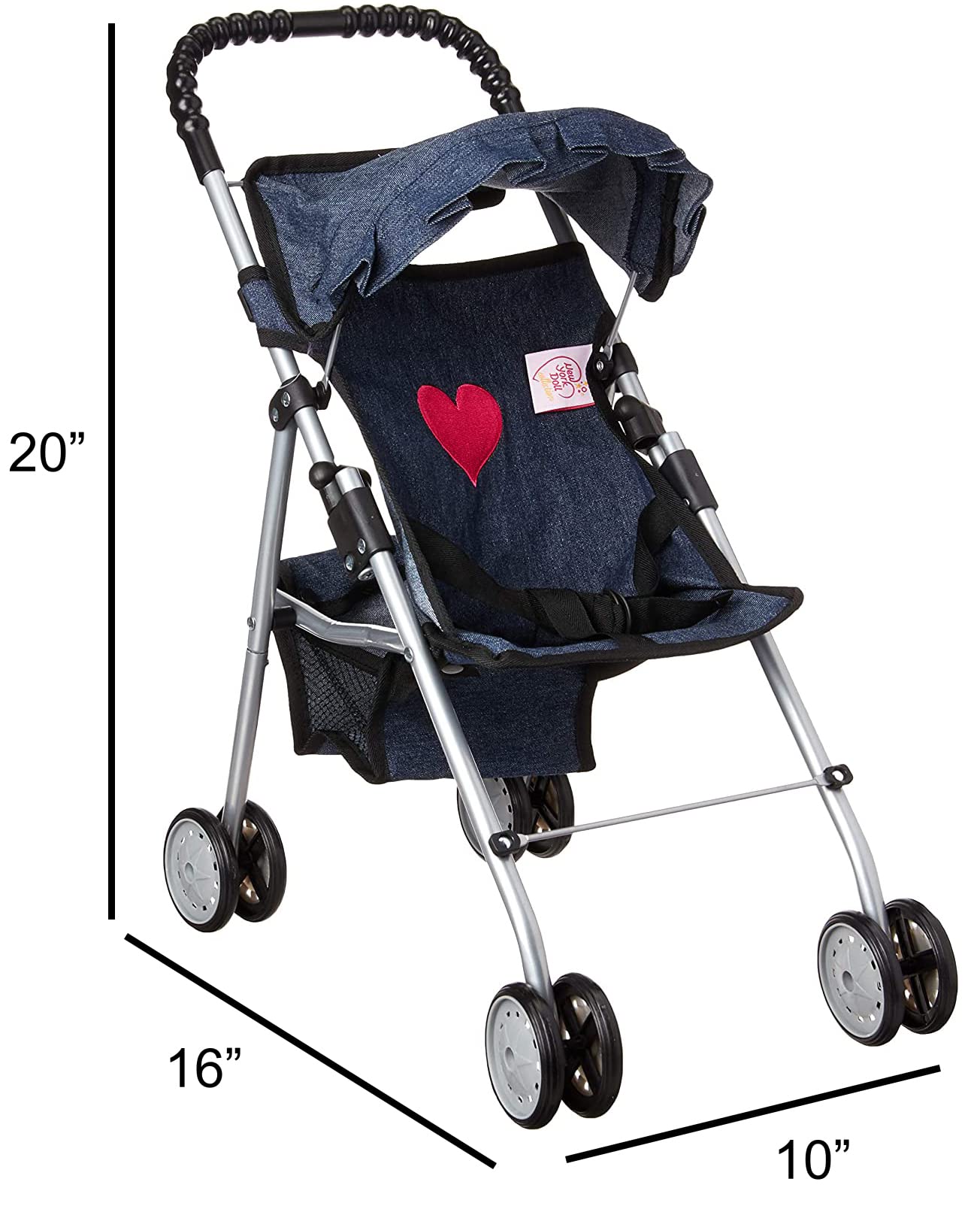 The New York Doll Collection My First Doll Stroller Denim Folds for easy storage.