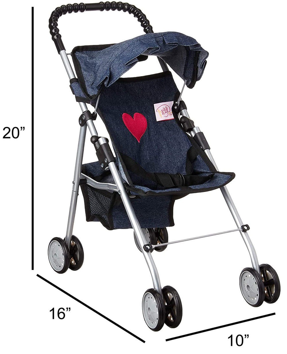 The New York Doll Collection My First Doll Stroller Denim Folds for easy storage.