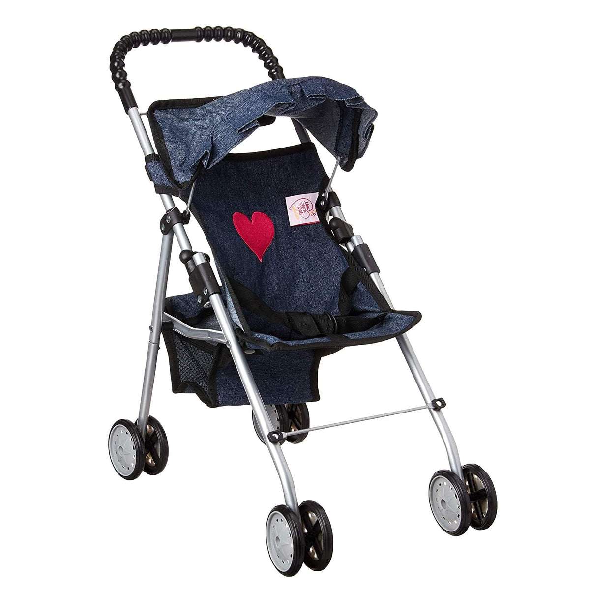 The New York Doll Collection My First Doll Stroller Denim Hood provides shade for sunny play.