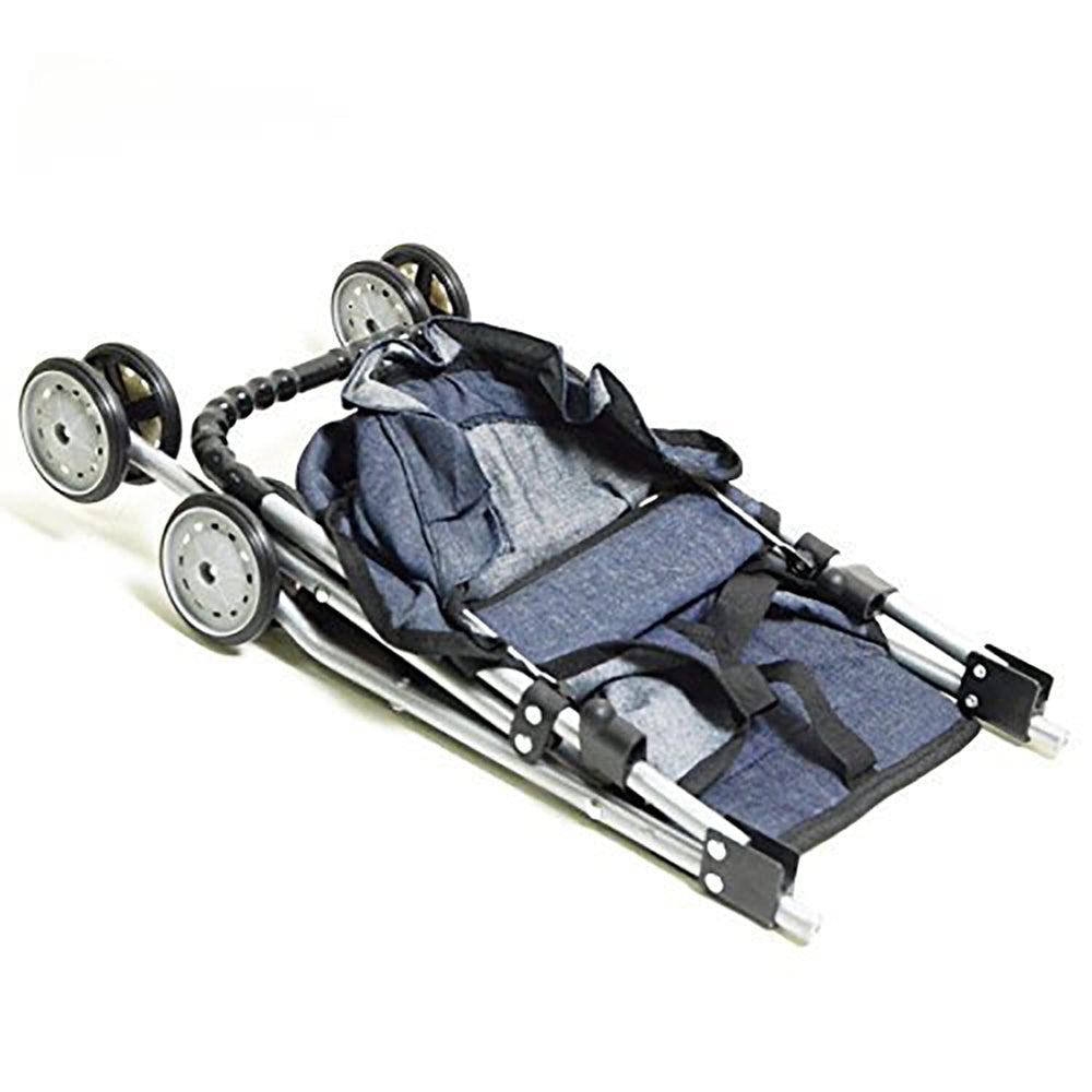 The New York Doll Collection My First Doll Stroller Denim Seatbelt keeps little dolls safely seated.