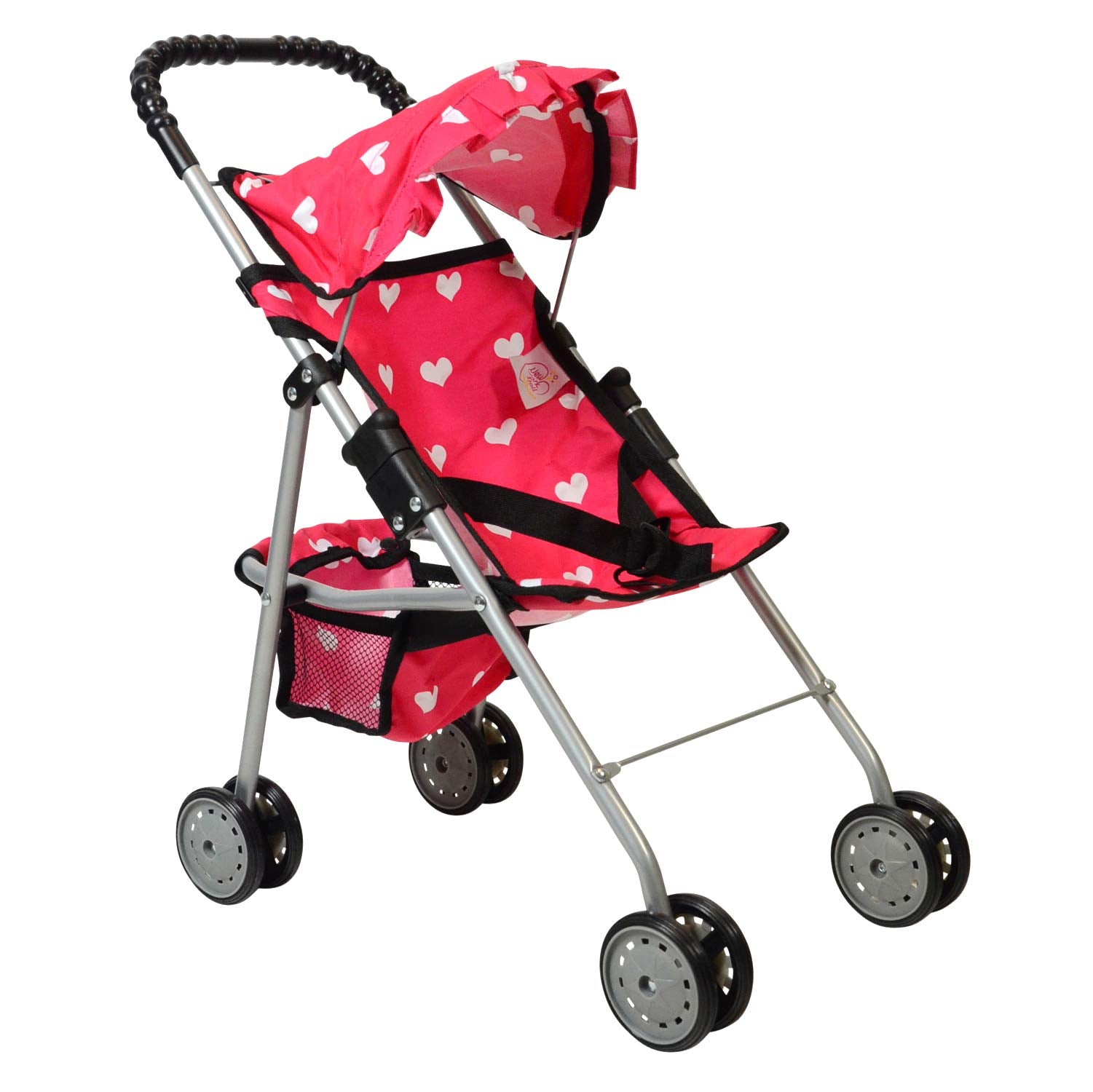 The New York Doll Collection pink heart stroller hood for cozy outdoor pretend play.