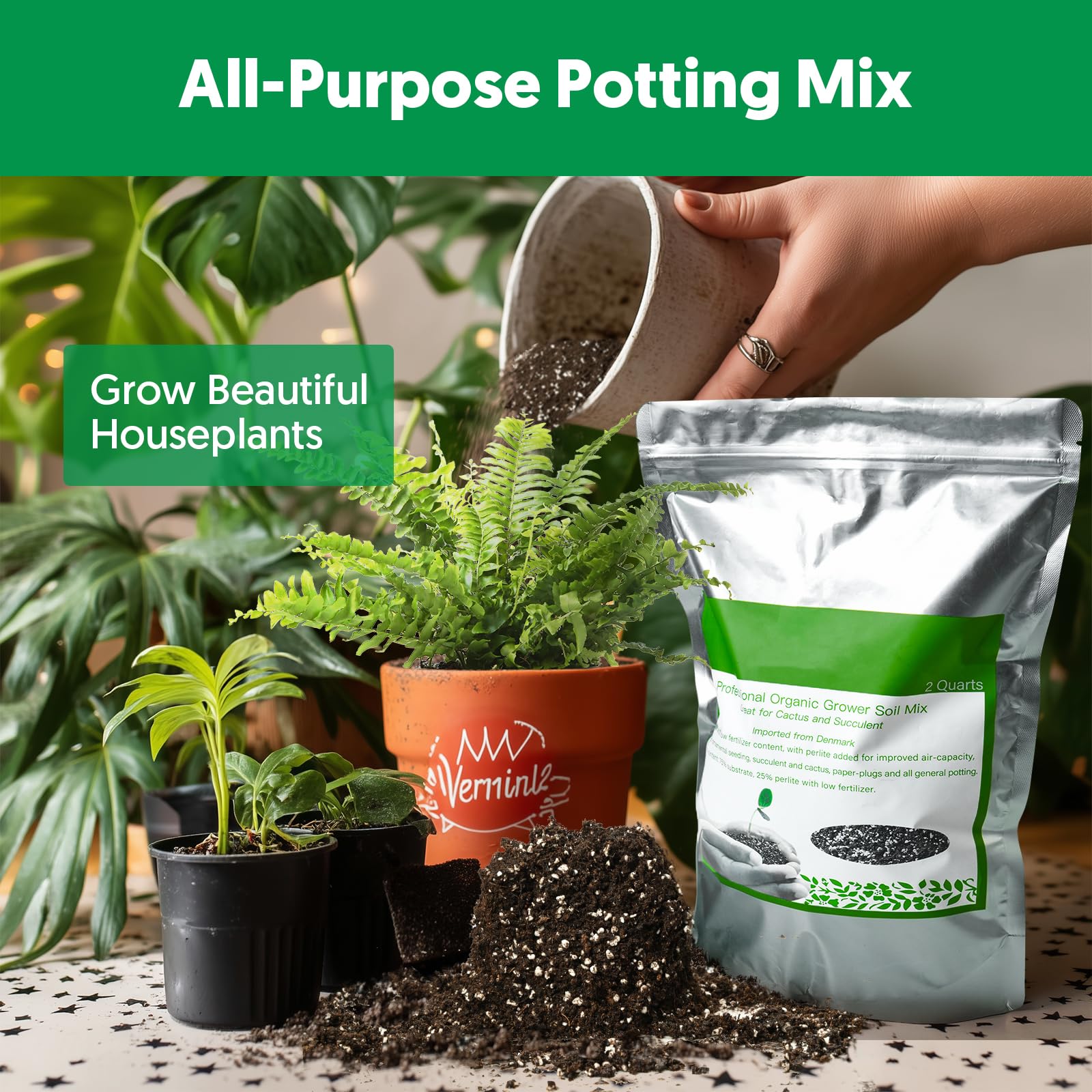 The Next Gardener indoor-outdoor mix suits jade, bonsai, cacti, and other houseplants.