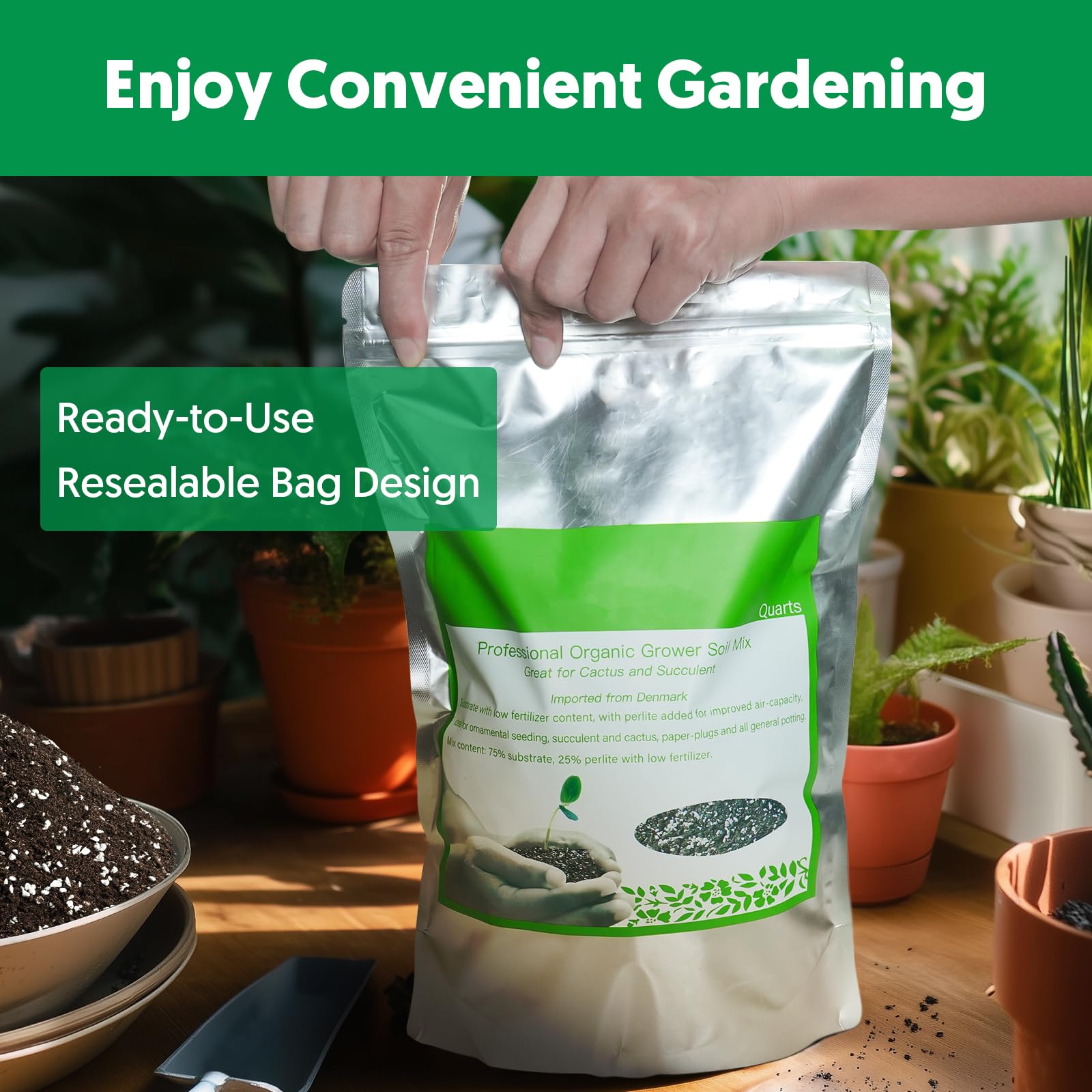 The Next Gardener resealable bag keeps soil fresh between gardening sessions.