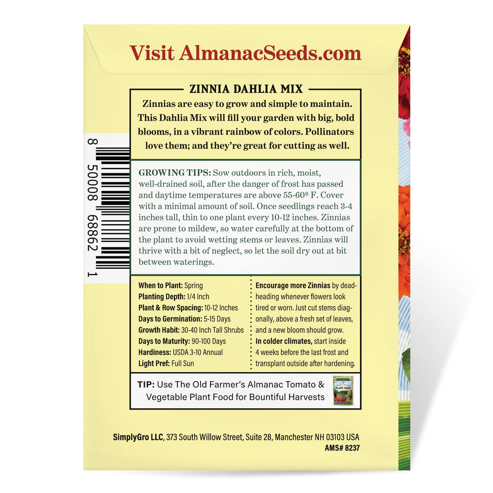 The Old Farmer's Almanac zinnia-dahlia-mix packet shows open-pollinated quality.