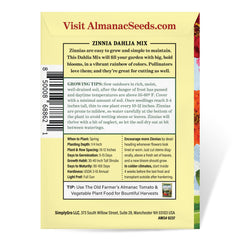 The Old Farmer's Almanac zinnia-dahlia-mix packet shows open-pollinated quality.