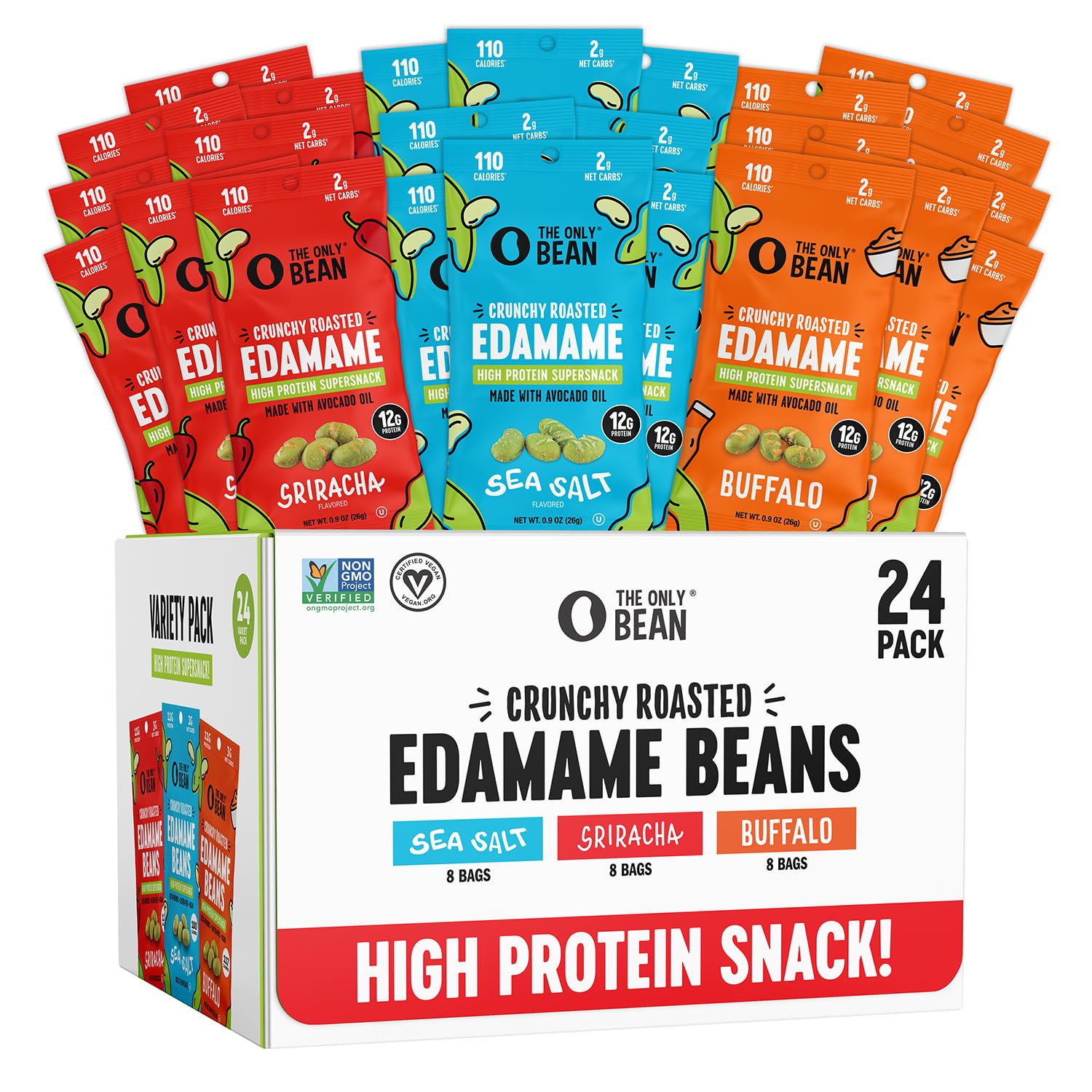 The Only Bean Crunchy Roasted Edamame front view, protein-packed, low-carb snacking.