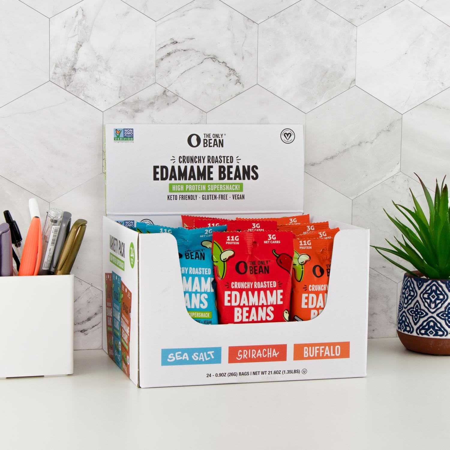 The Only Bean Crunchy Edamame on-the-go pack ready for transport.