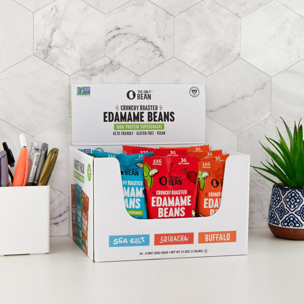 The Only Bean Crunchy Edamame on-the-go pack ready for transport.