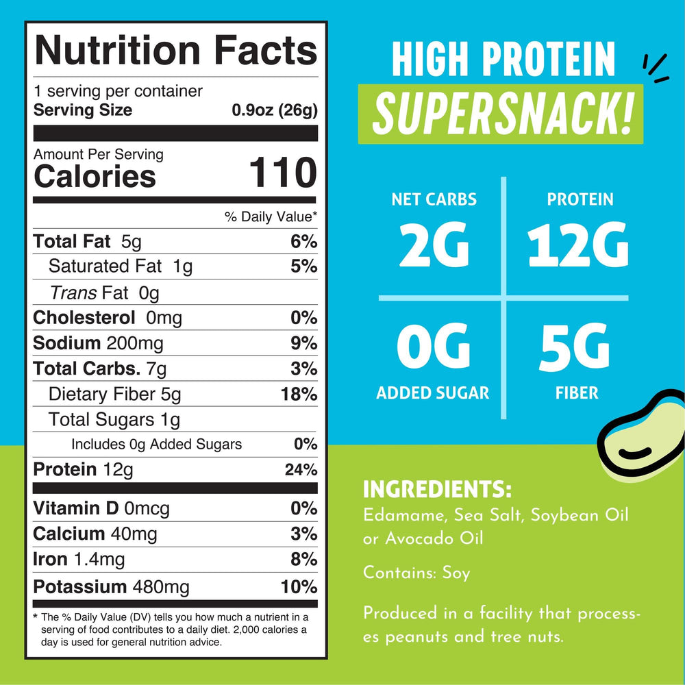 The Only Bean Crunchy Edamame Sea Salt 10-pack highlights convenient calorie-controlled snacking.