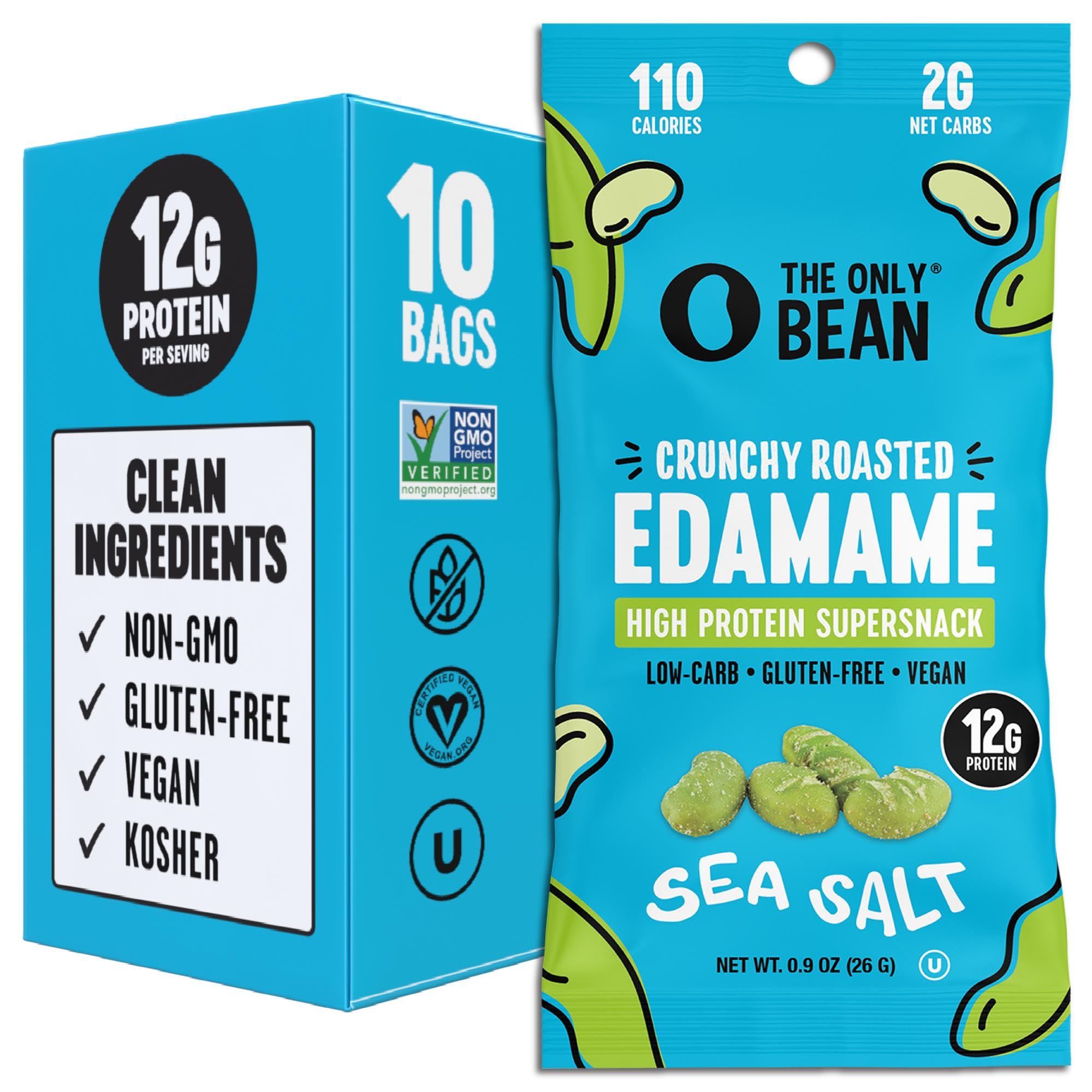 The Only Bean Crunchy Edamame Sea Salt bag shows high-protein vegan snack options.