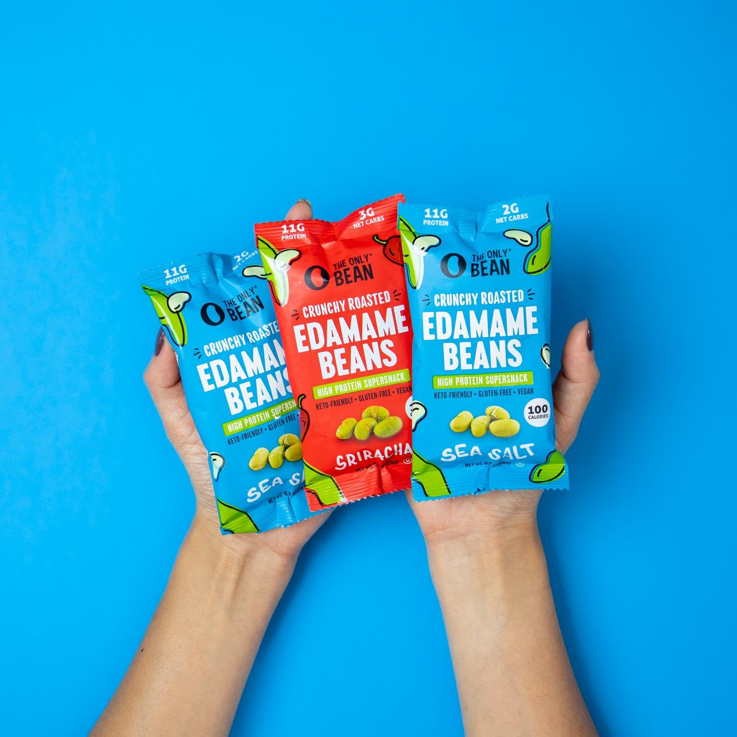The Only Bean Crunchy Edamame serving shot shows a single pouch.