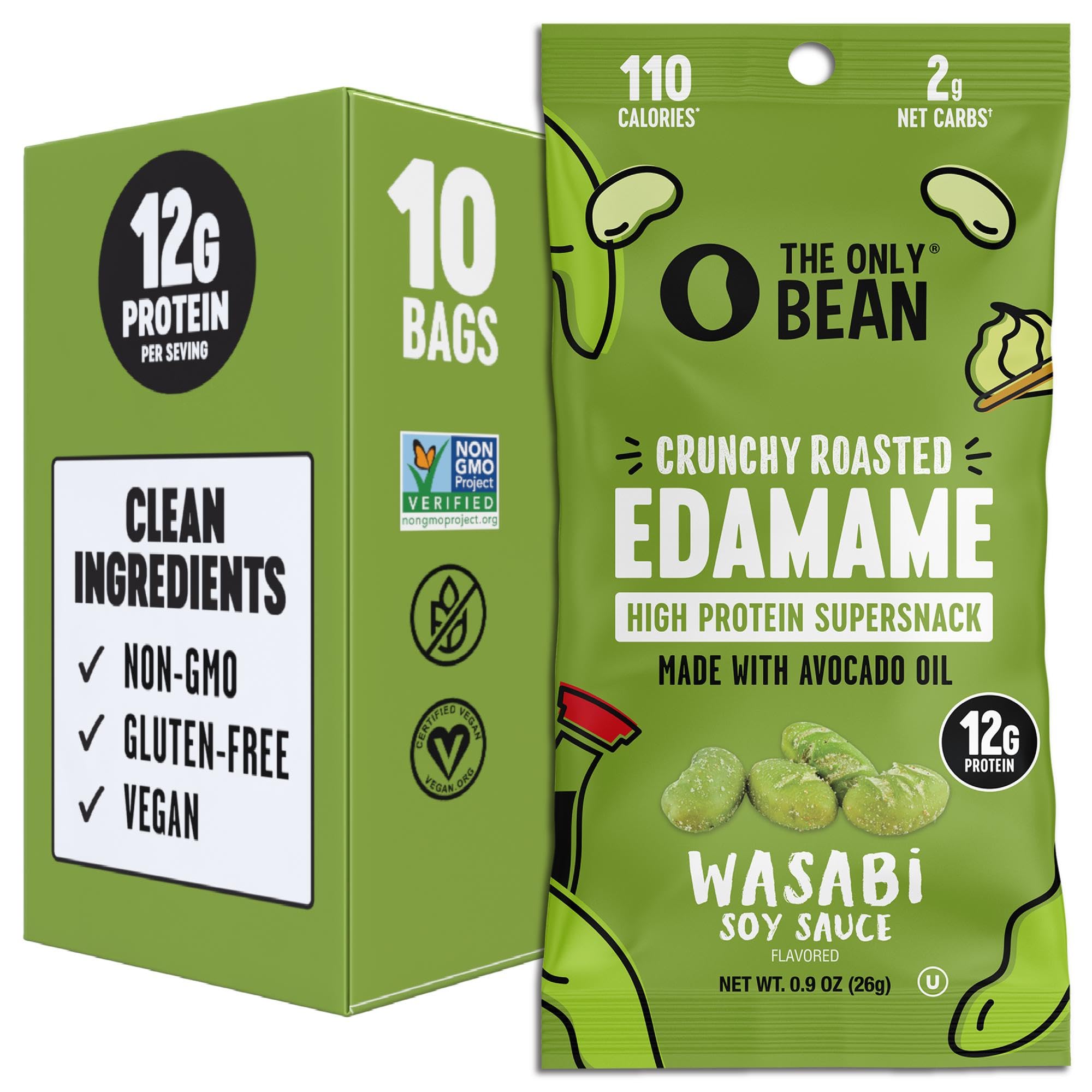 The Only Bean crunchy roasted edamame with wasabi soy sauce in a snack pack