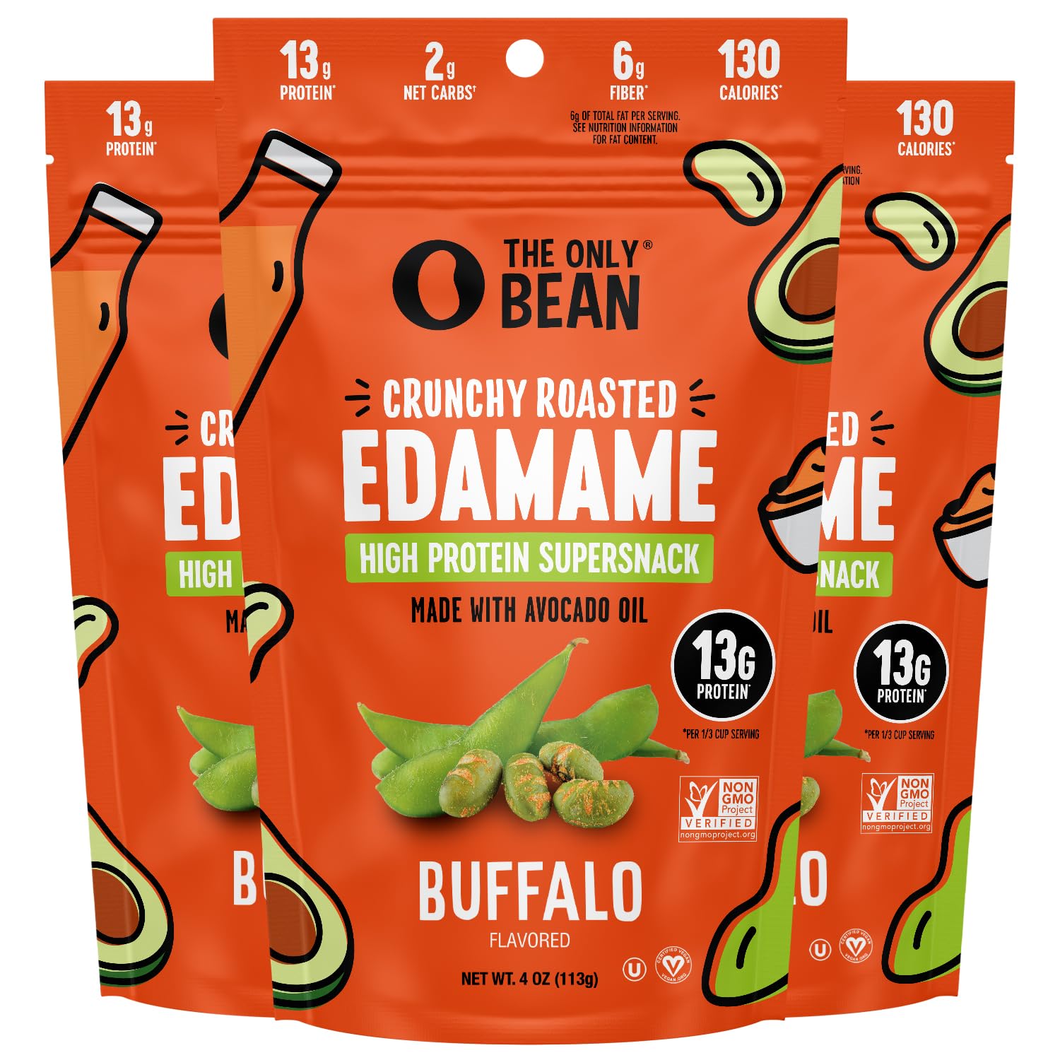 The Only Bean crunchy roasted edamame buffalo pack, high-protein on-the-go snack.