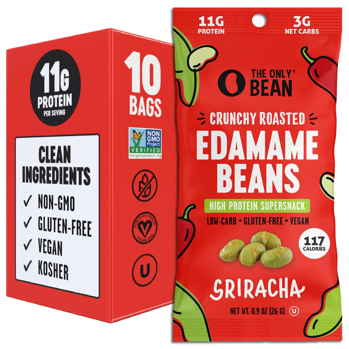 The Only Bean Crunchy Edamame Pack Sriracha front view—protein-packed snack for on-the-go fueling