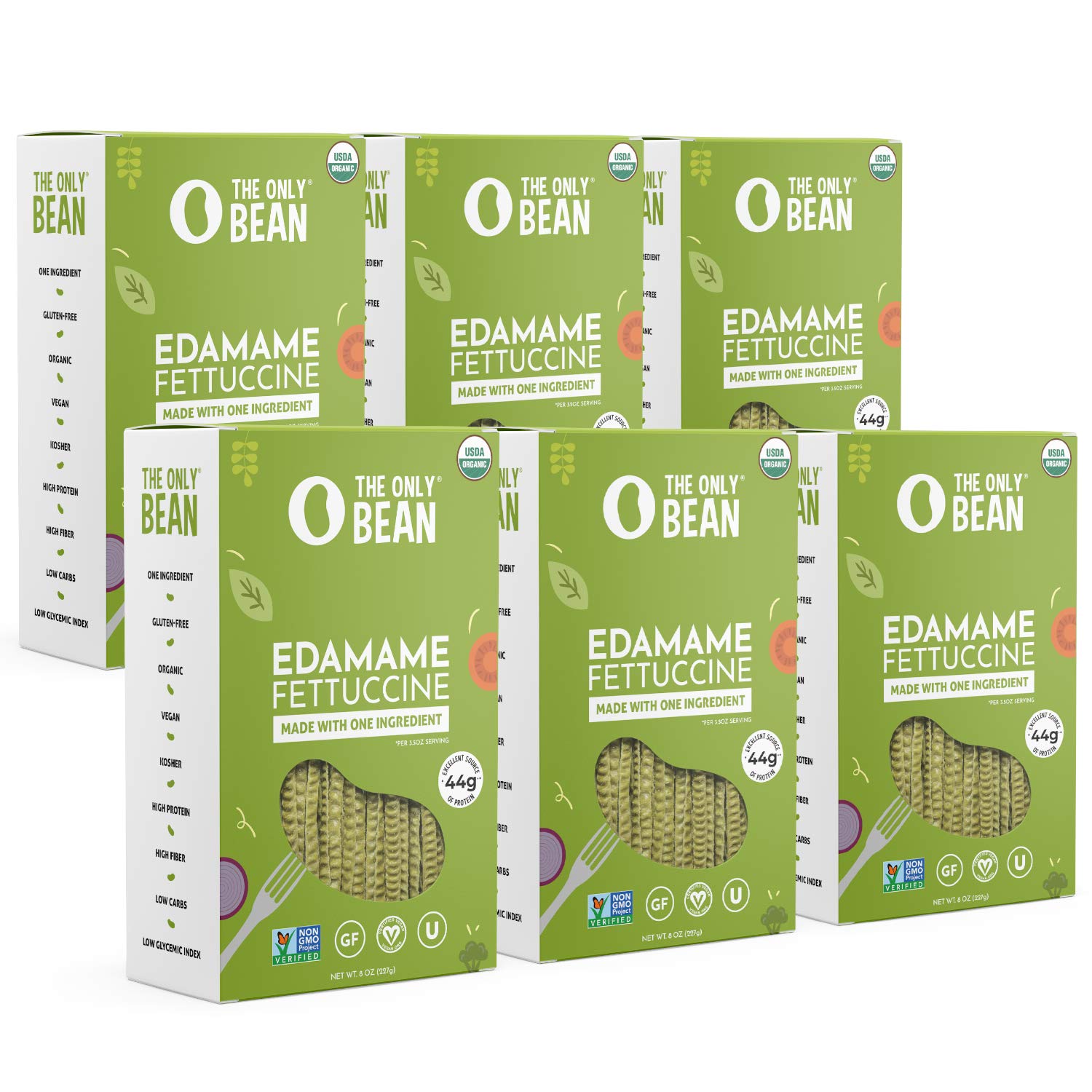 The Only Bean edamame fettuccine pack label shows organic certification for clean eating.