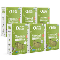 The Only Bean edamame fettuccine pack label shows organic certification for clean eating.