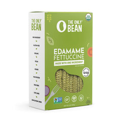 The Only Bean Edamame Fettuccine pack on counter showing packaging and convenience