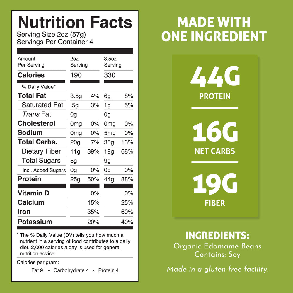 The Only Bean edamame fettuccine uncooked noodles ready for quick weeknight meals.