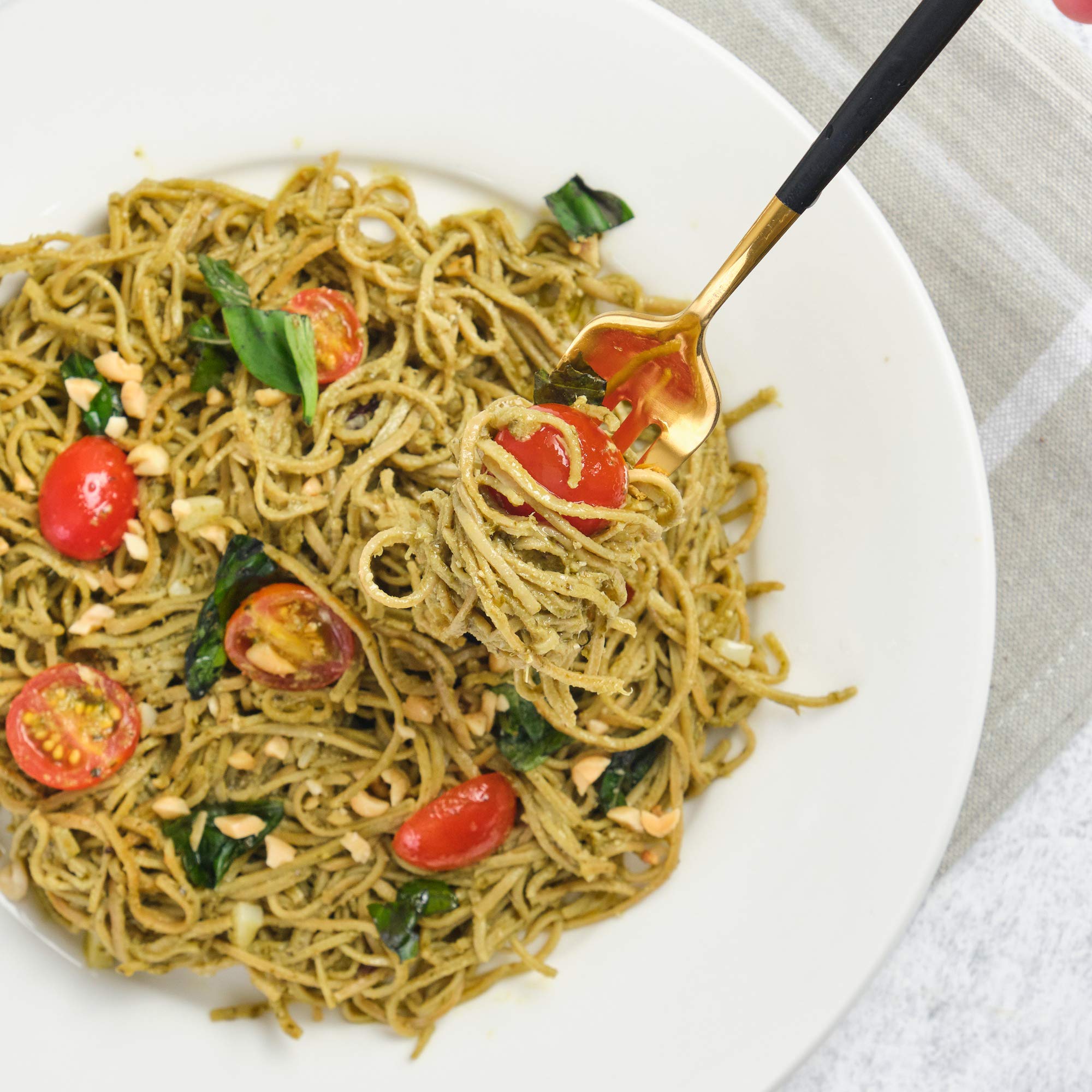 The Only Bean edamame pasta close-up shows protein-rich noodles.