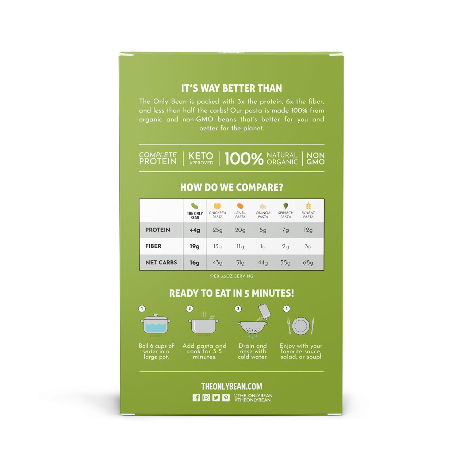 The Only Bean edamame pasta plated with sauce, gluten-free and low-carb.