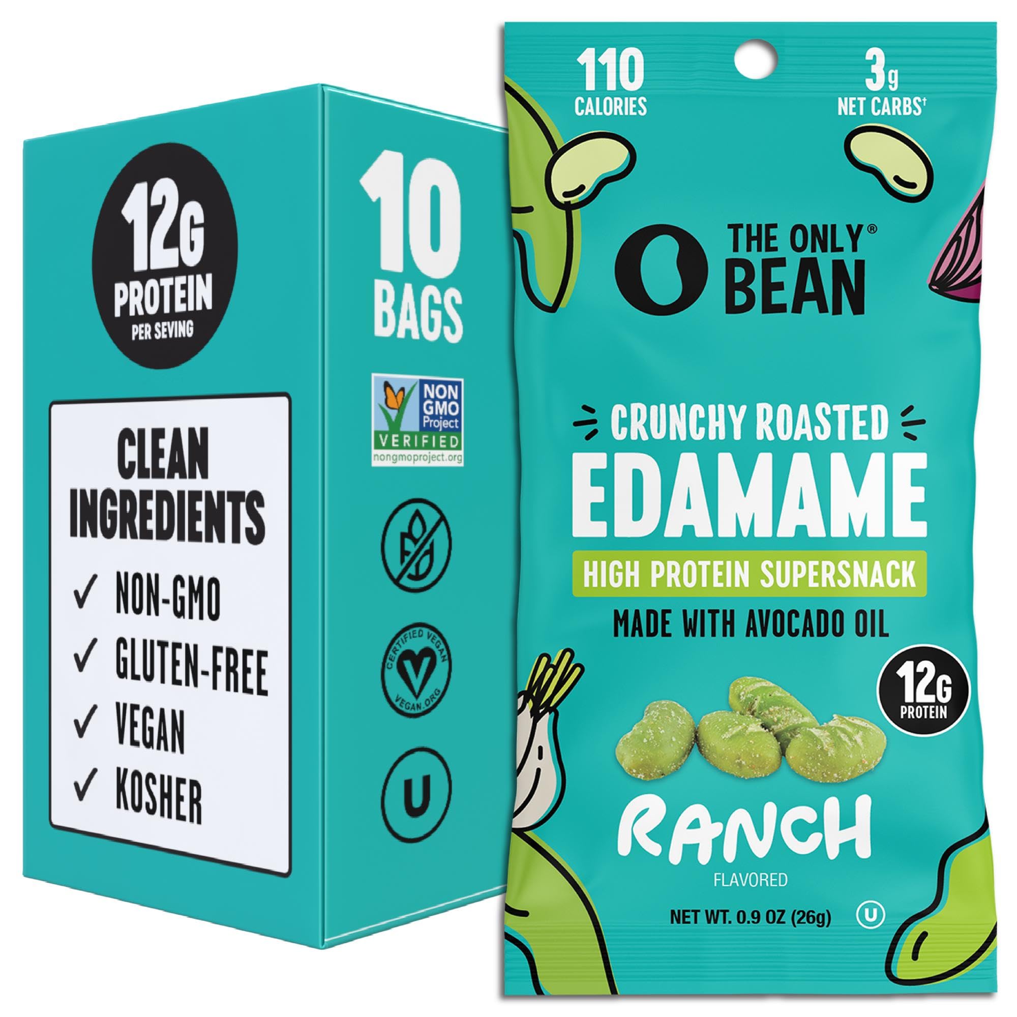 The Only Bean edamame ranch snack 0.9oz pack, protein-rich on-the-go option.