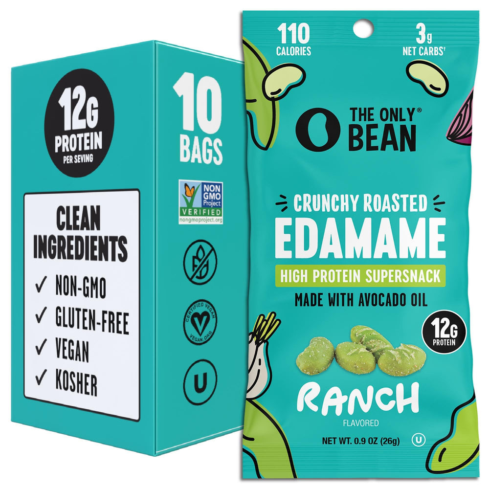The Only Bean edamame ranch snack 0.9oz pack, protein-rich on-the-go option.