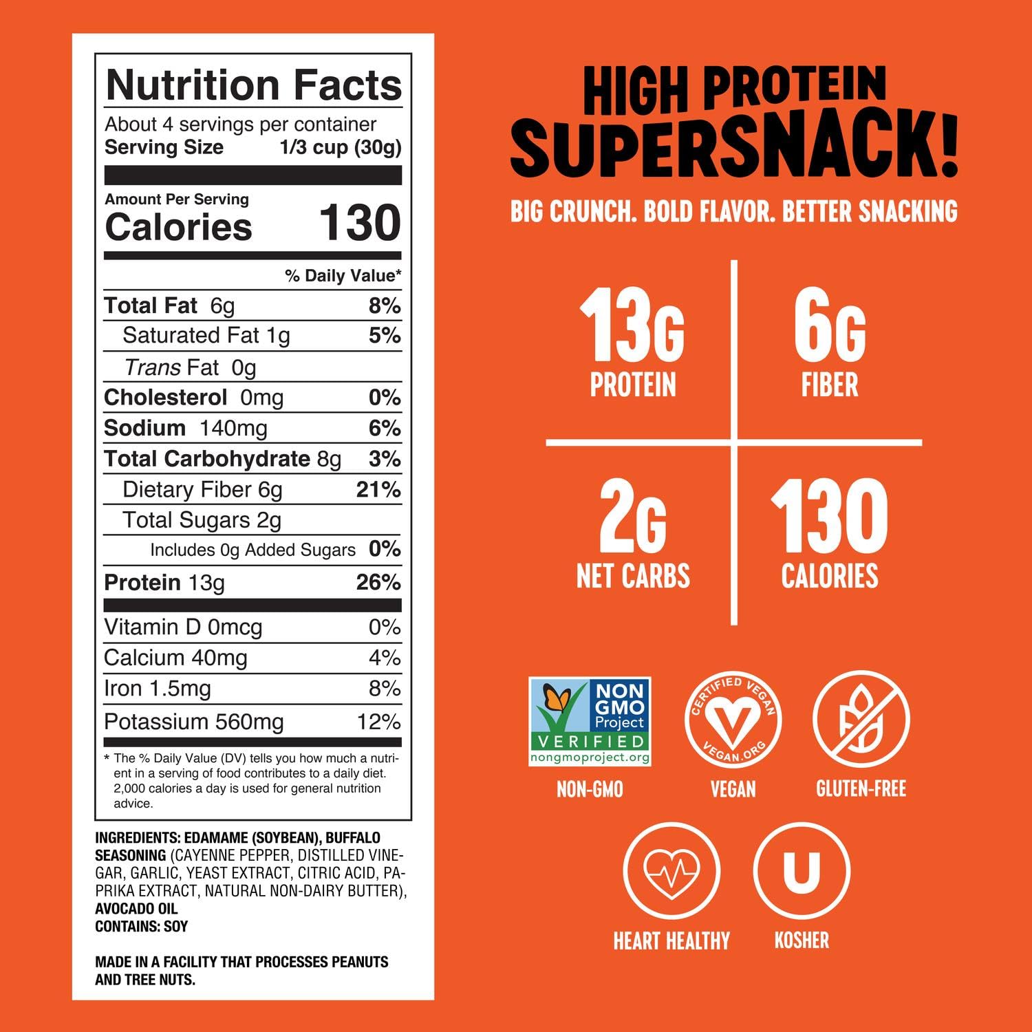 The Only Bean buffalo edamame snack bag, keto-friendly low-carb crunch.