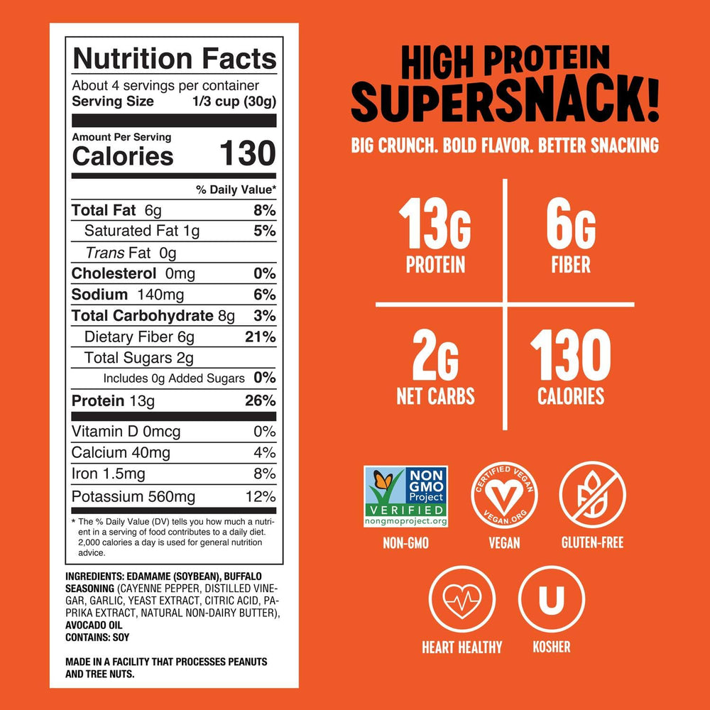 The Only Bean buffalo edamame snack bag, keto-friendly low-carb crunch.