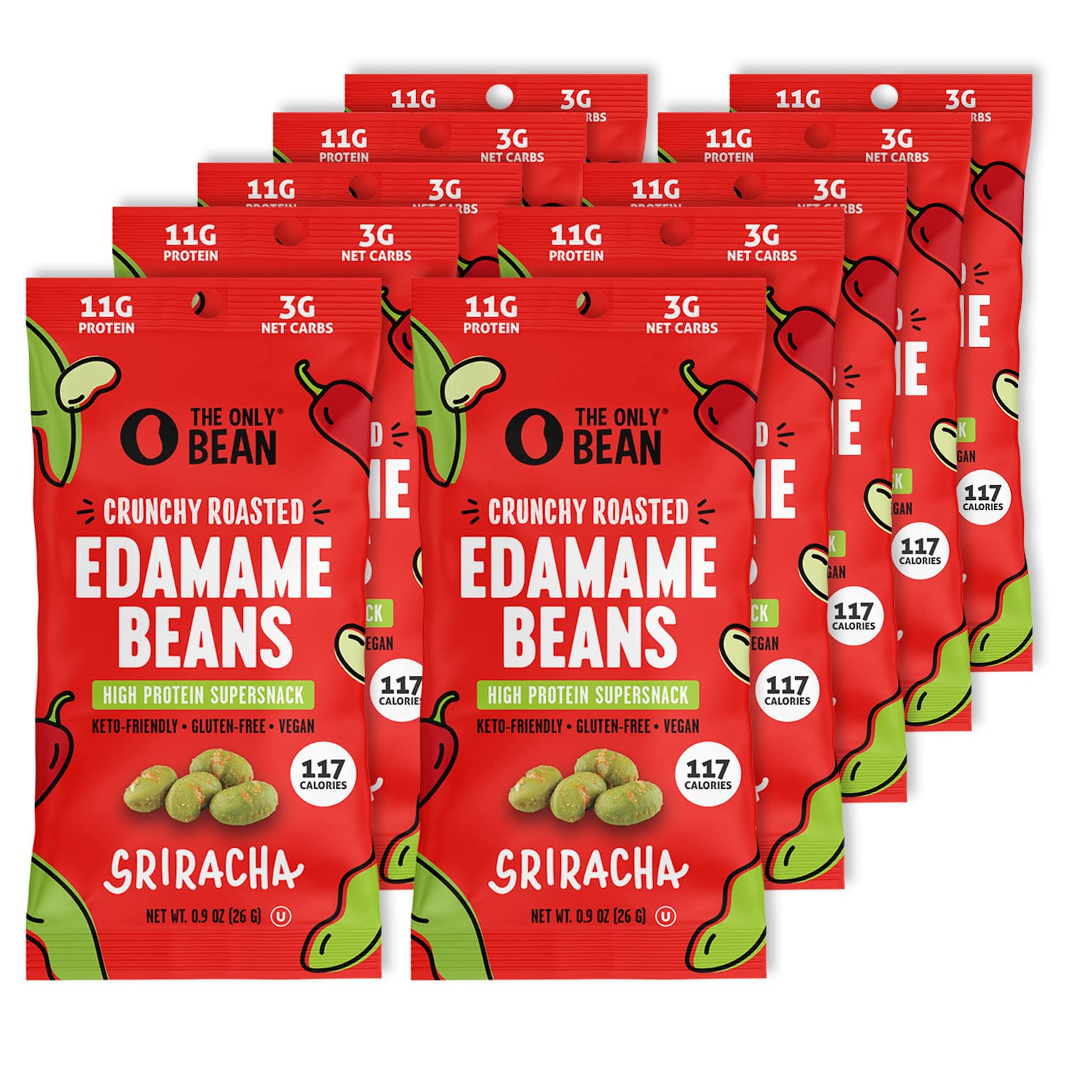 The Only Bean crunch texture closeup emphasizes savory Sriracha flavor