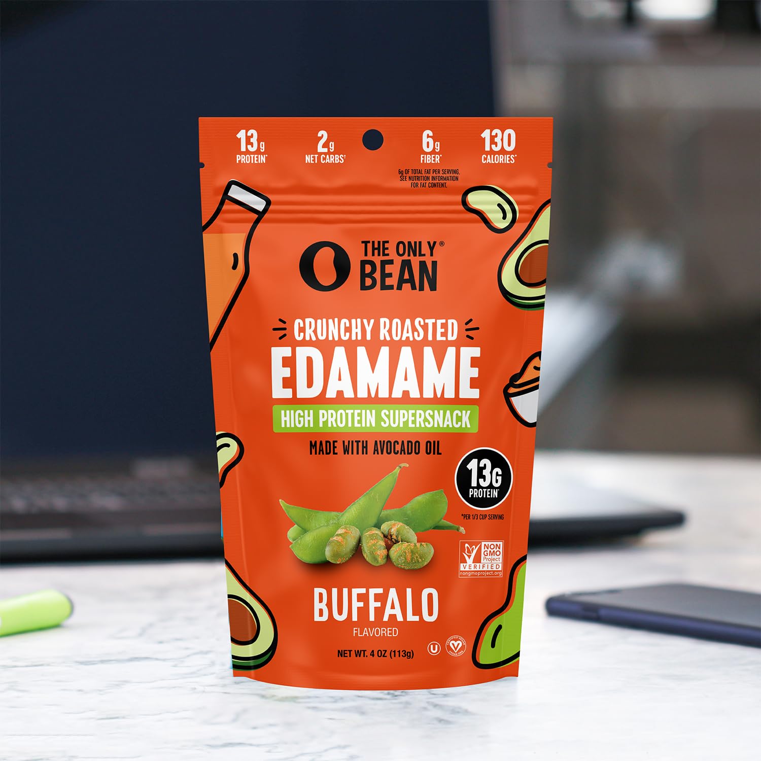 The Only Bean edamame snack inside a resealable bag, ideal office snack.