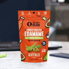 The Only Bean edamame snack inside a resealable bag, ideal office snack.