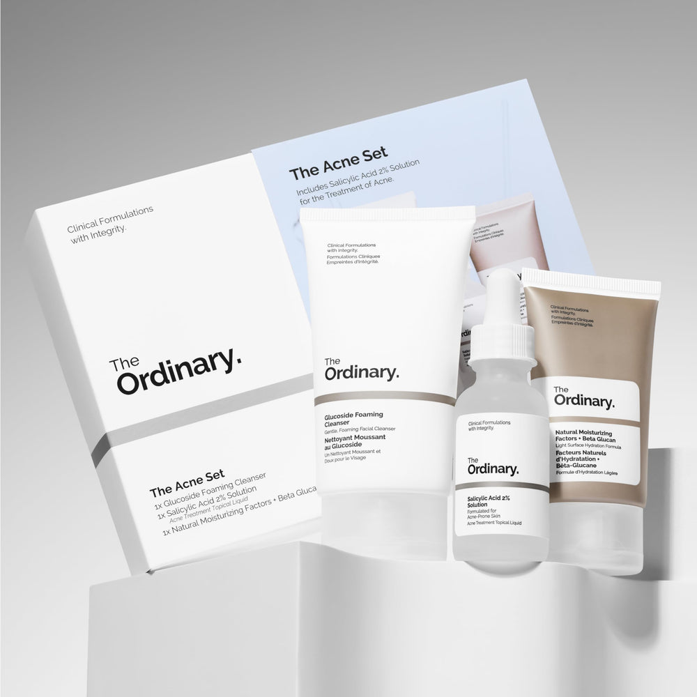 The Ordinary Acne Set 3-step regimen kit for an organized daily skincare routine