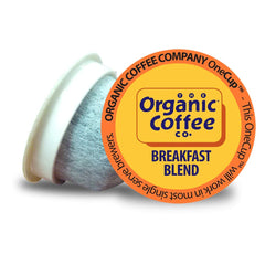 The Organic Coffee Co. Breakfast Blend compostable pods in a box for easy mornings.