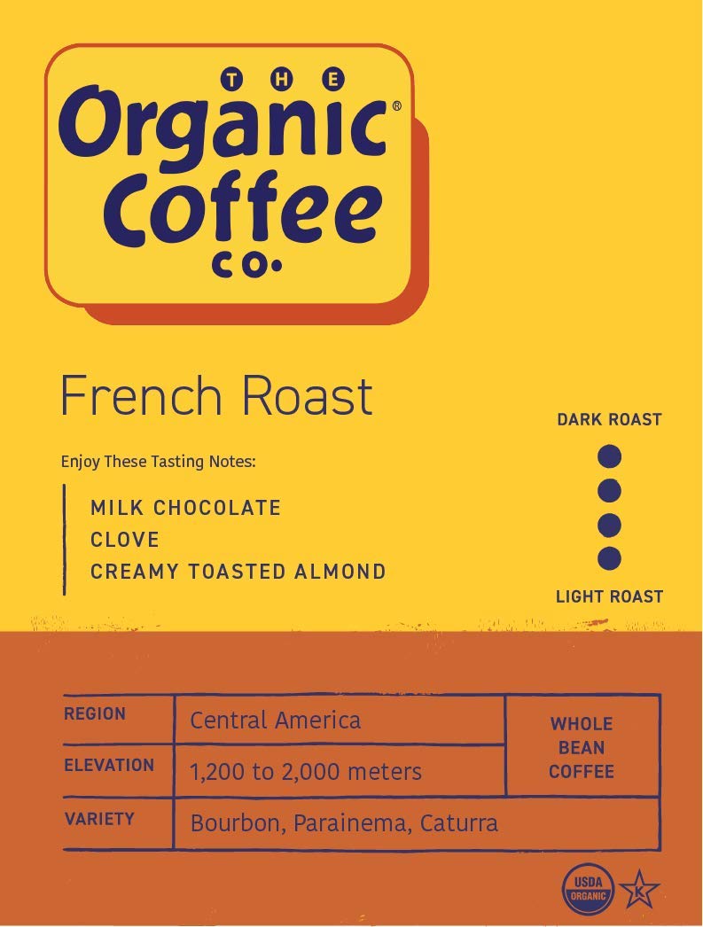 The Organic Coffee Co. dark roast aroma close-up hints smoky finish and rich flavor.