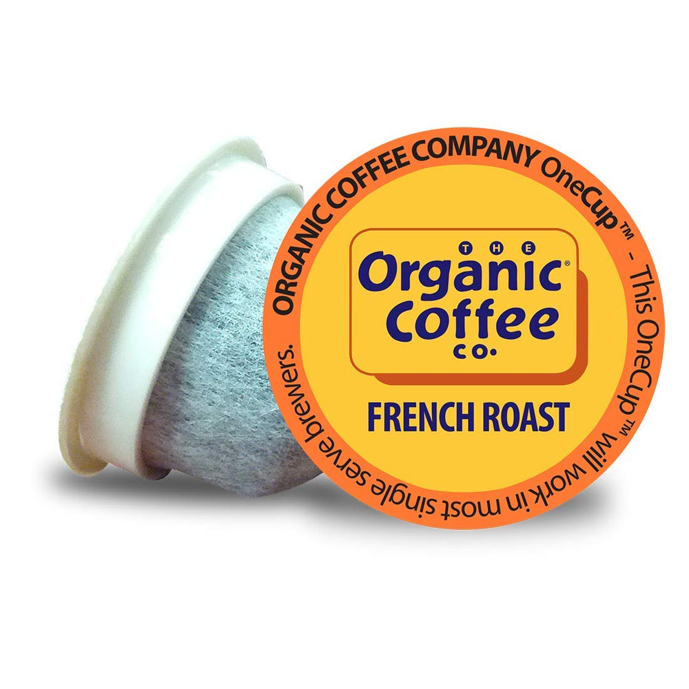 The Organic Coffee Co. French Roast pods for Keurig brewers delivering full-bodied, smoky flavor.