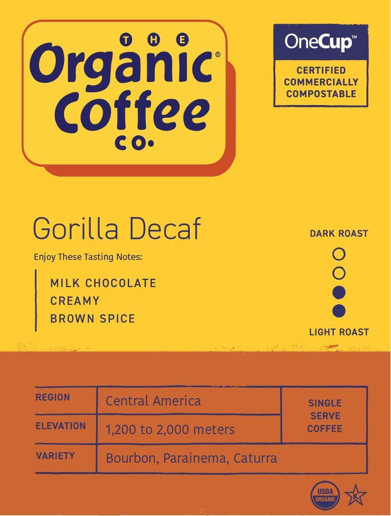 Gorilla Decaf pod ready for Keurig brewing delivers a quick, single-serve cup.